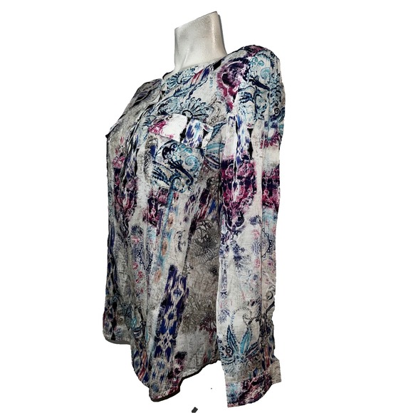 Chicos Top Size L (2) Colorful Button Cotton Office Light Weight Sheer LS Shirt - Picture 4 of 6